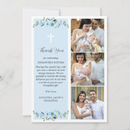 Tarjeta De Agradecimiento Blue Floral Multiphoto Baptism for Boys Gracias