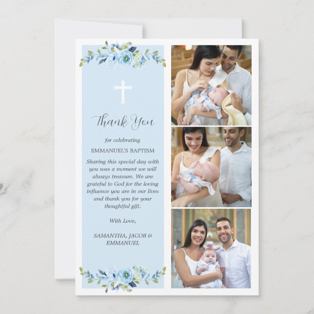 Tarjeta De Agradecimiento Blue Floral Multiphoto Baptism for Boys Gracias (Anverso)