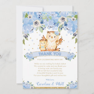 Tarjeta De Agradecimiento Blue Floral Owl Baby Shower Boy