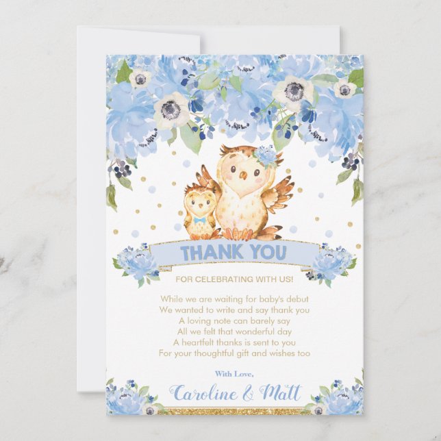 Tarjeta De Agradecimiento Blue Floral Owl Baby Shower Boy (Anverso)