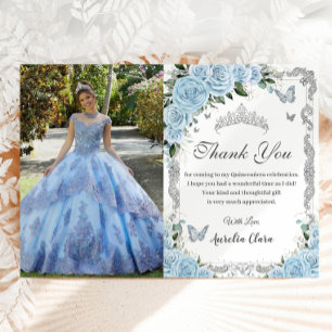 Tarjeta De Agradecimiento Blue Floral Sweet Dieciséis Fotografía De Quinceañ