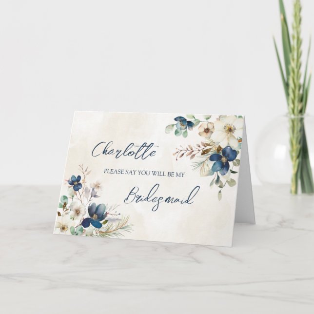 Tarjeta De Agradecimiento Blue Floral Wedding Bridesmaid Proposal Card (Anverso)