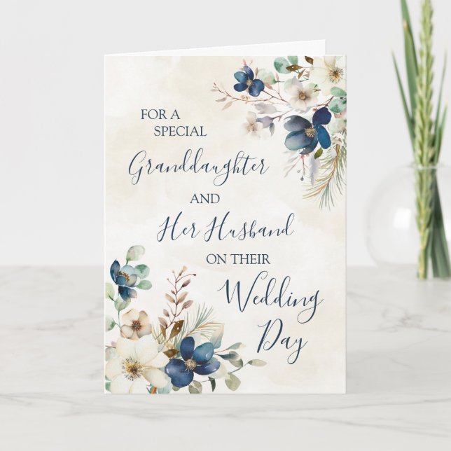 Tarjeta De Agradecimiento Blue Floral Winter Wedding Day Granddaughter (Anverso)