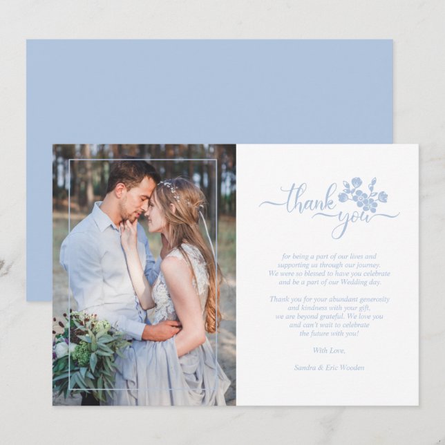 Tarjeta De Agradecimiento Blue Floral Wreath Photo Card Wedding Couple (Anverso / Reverso)