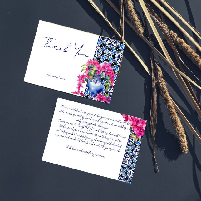 Tarjeta De Agradecimiento Blue French Tiles Bougainvillea boda elegante (Blue French Tiles Bougainvillea in ceramic vase elegant wedding Thank You Cards modern handwriting )