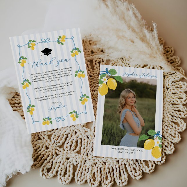 Tarjeta De Agradecimiento Blue Freshly Lemon Citrus Graduation Party (Subido por el creador)