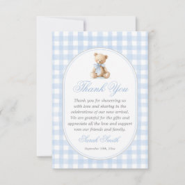 Tarjeta De Agradecimiento Blue Gingham Bear Grand millennial