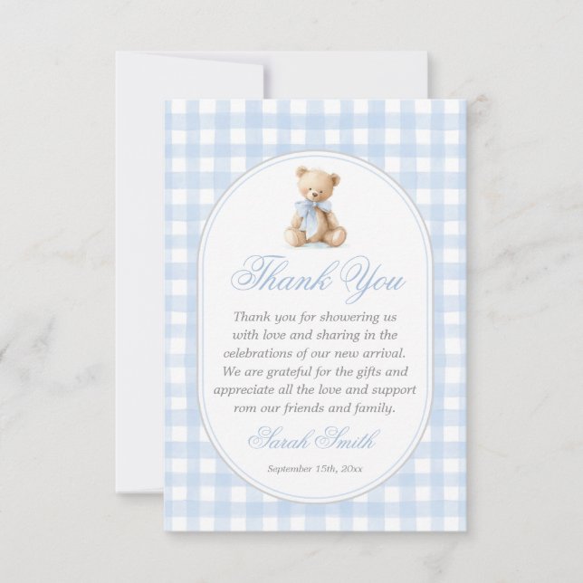 Tarjeta De Agradecimiento Blue Gingham Bear Grand millennial (Anverso)