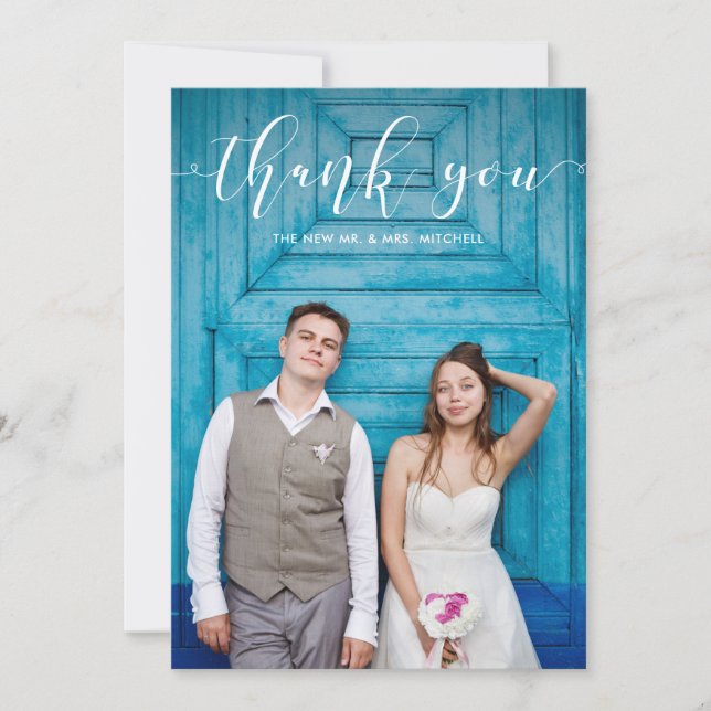 Tarjeta De Agradecimiento Blue Gingham | Boda Gracias con foto (Anverso)