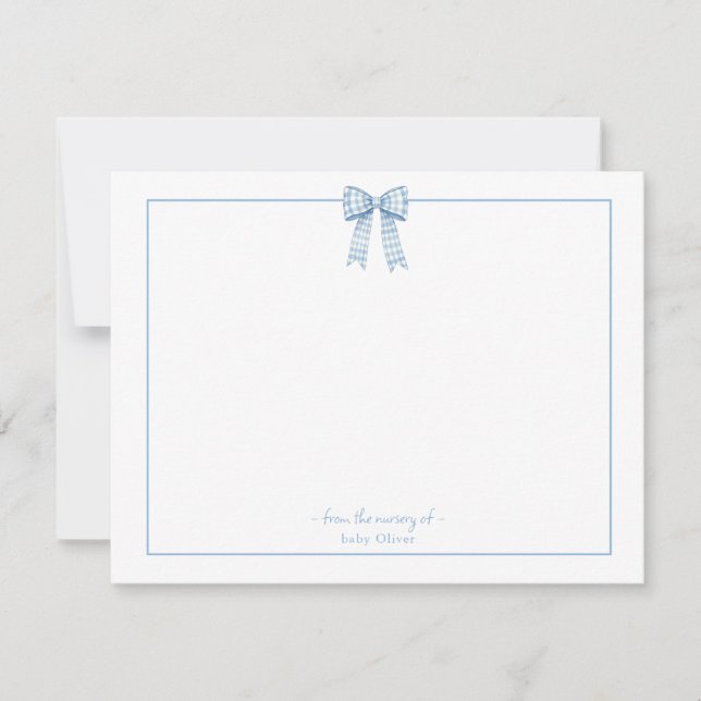 Tarjeta De Agradecimiento Blue Gingham bow Baby nursery gracias (Anverso)