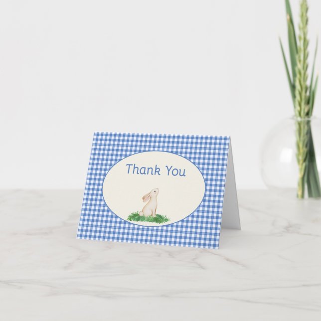 Tarjeta De Agradecimiento Blue Gingham Bunny Thank you Note (Anverso)
