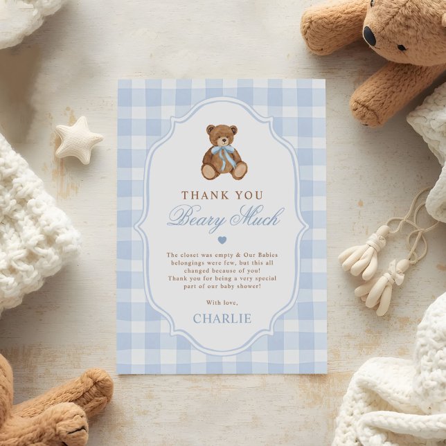 Tarjeta De Agradecimiento Blue Gingham Elegant Teddy Bear Baby Shower (Subido por el creador)