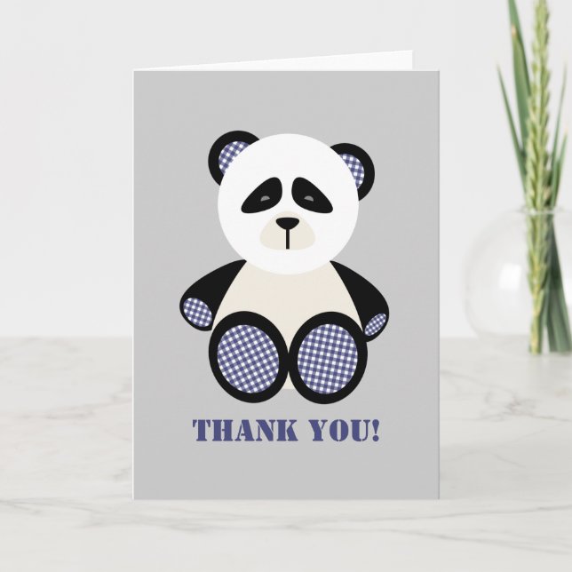 Tarjeta De Agradecimiento Blue Gingham Panda Bear Baby Shower Gracias (Anverso)