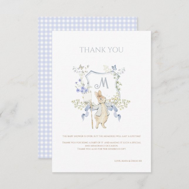 Tarjeta De Agradecimiento Blue Gingham Peter the Rabbit Baby Shower MUTED BL (Anverso / Reverso)