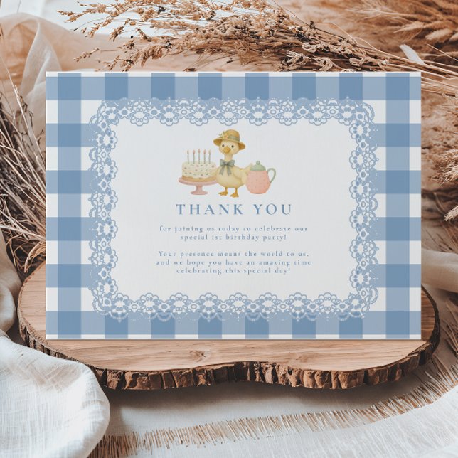 Tarjeta De Agradecimiento  Blue Gingham Silly Goose 1st Birthday (Subido por el creador)