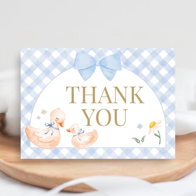 Tarjeta De Agradecimiento Blue Gingham Silly Goose Baby Shower (Little Silly Goose Baby Shower Thank you Card)