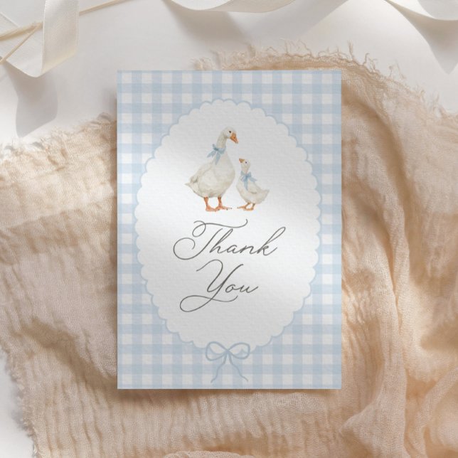 Tarjeta De Agradecimiento Blue Gingham Silly Goose Baby Shower (Subido por el creador)