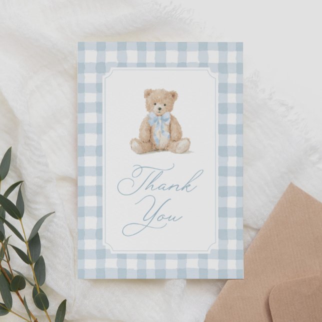Tarjeta De Agradecimiento Blue Gingham Teddy Bear Baby Shower (Subido por el creador)