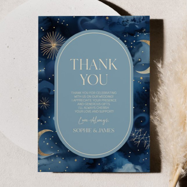 Tarjeta De Agradecimiento Blue Gold Celestial Elegant Starry Sky Wedding (Subido por el creador)