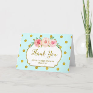 Tarjeta De Agradecimiento Blue Gold Dots Floral Baby Shower Gracias