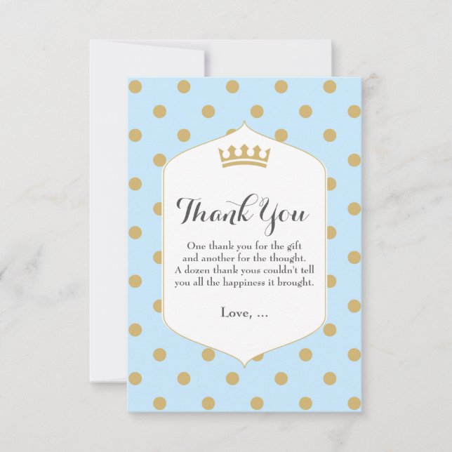 Tarjeta De Agradecimiento Blue & Gold Dots Royal Crown Prince Gracias Tarjet (Anverso)