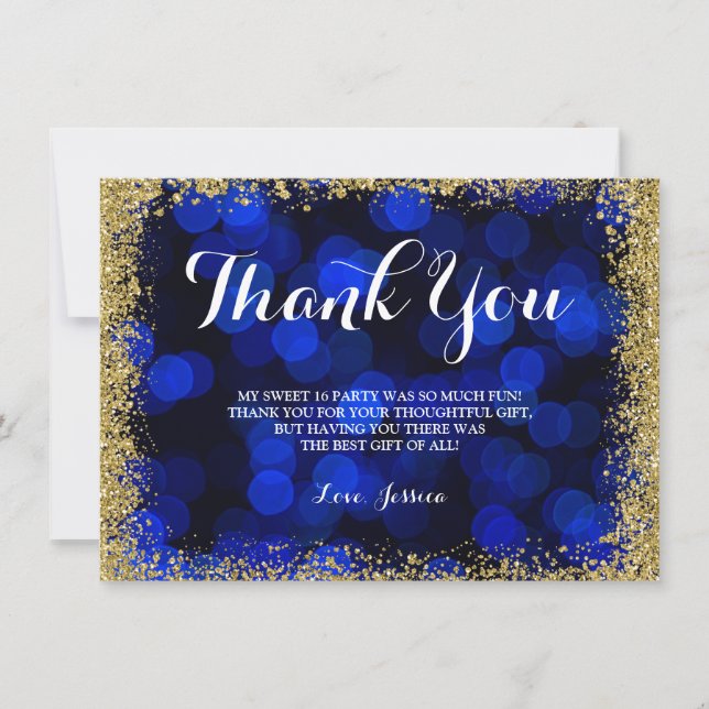 Tarjeta De Agradecimiento Blue Gold Faux Purpurinas Luces Sweet 16 (Anverso)
