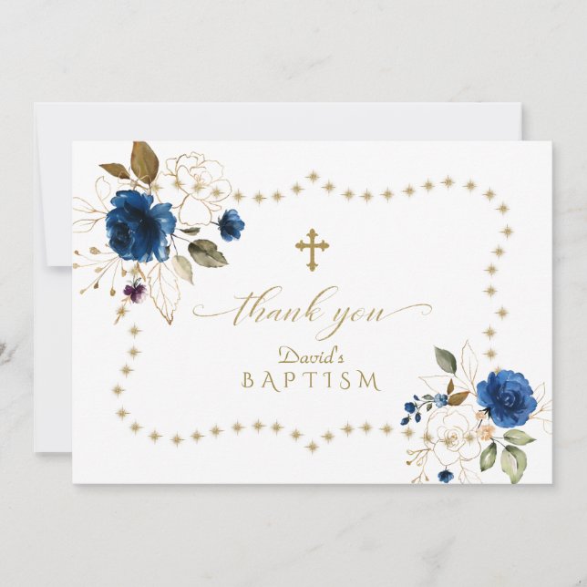 Tarjeta De Agradecimiento Blue Gold Floral Gold Purpurina Frame Boy Baptism (Anverso)