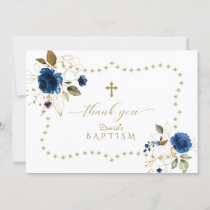 Tarjeta De Agradecimiento Blue Gold Floral Gold Purpurina Frame Boy Baptism