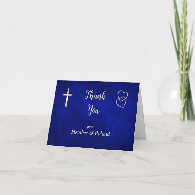 Tarjeta De Agradecimiento Blue Gold Hearts Christian Cross Boda Gracias (Anverso)