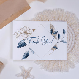 Tarjeta De Agradecimiento Blue Gold Modern Floral Elegante