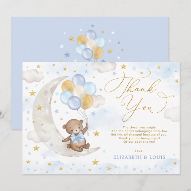 Tarjeta De Agradecimiento Blue Gold Teddy Bear Moon Balloons Nubes Estrellas (Anverso / Reverso)