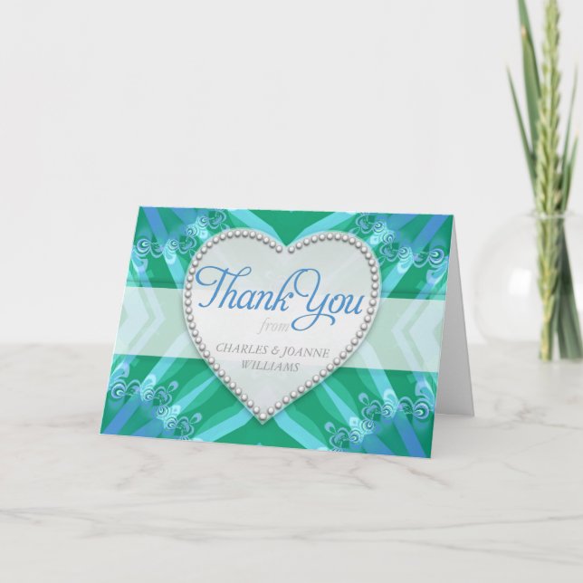 Tarjeta De Agradecimiento Blue Green Satin Heart Boda Gracias Cartas (Anverso)