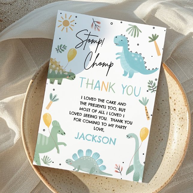 Tarjeta De Agradecimiento Blue Green Stomp Chomp Fiesta Dinosaur 1er cumplea (Cute Dinosaur Birthday Party Thank You Card, Party Like Dinosaur Thank You Card, Dino Thank You Card)