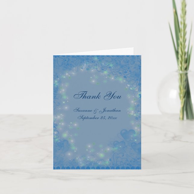 Tarjeta De Agradecimiento Blue Hearts Sparkly Lights Boda Personalizado (Anverso)