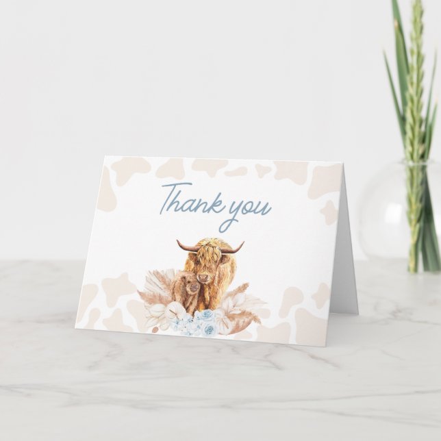 Tarjeta De Agradecimiento Blue Highland Cow Baby Shower (Anverso)