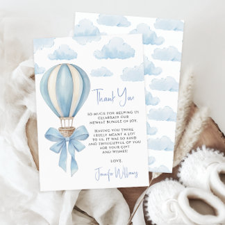 Tarjeta De Agradecimiento Blue Hot Air Balloon Adventure Baby Boy Shower