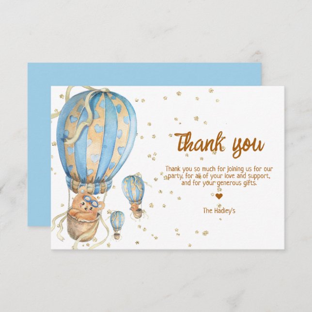 Tarjeta De Agradecimiento Blue Hot Air Balloon Boho (Anverso / Reverso)