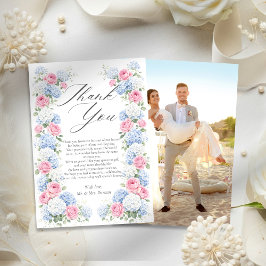Tarjeta De Agradecimiento Blue Hydrangea and Pink Rose Floral Garden Wedding