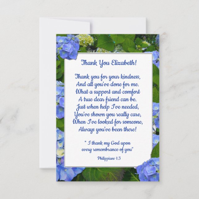 Tarjeta De Agradecimiento Blue Hydrangea Christian Friend Personalizado Text (Anverso)