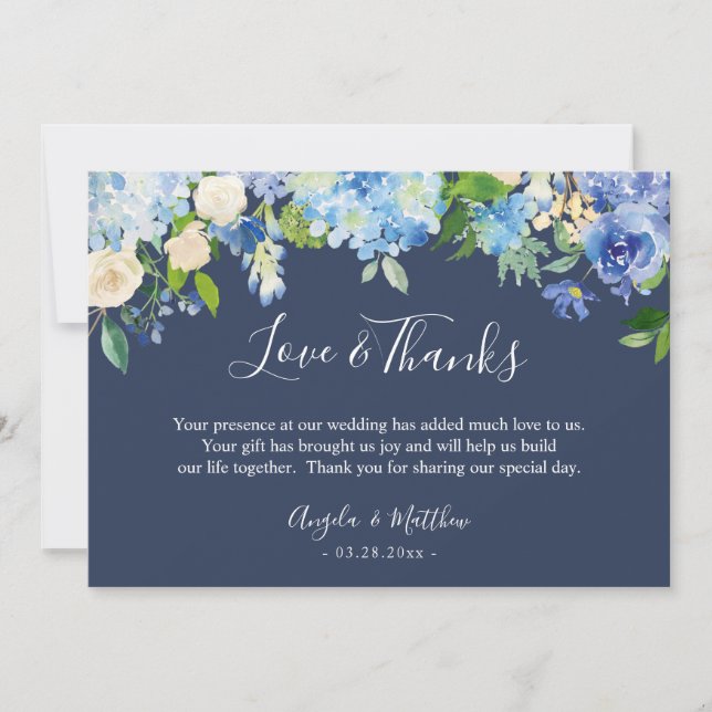 Tarjeta De Agradecimiento Blue Hydrangea Floral Hand Letters Gracias (Anverso)