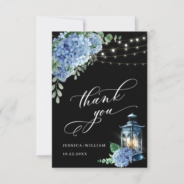 Tarjeta De Agradecimiento Blue Hydrangea Floral Lantern Black Boho Boda (Anverso)
