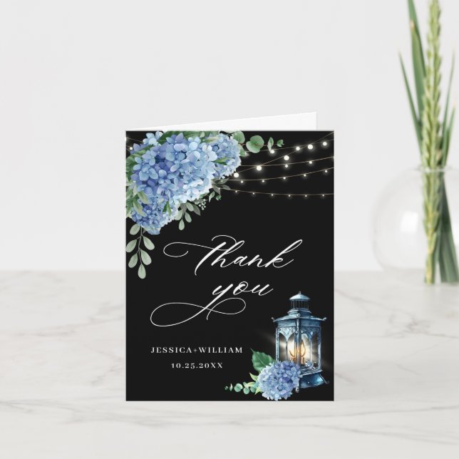 Tarjeta De Agradecimiento Blue Hydrangea Floral Lantern Black Boho Boda (Anverso)
