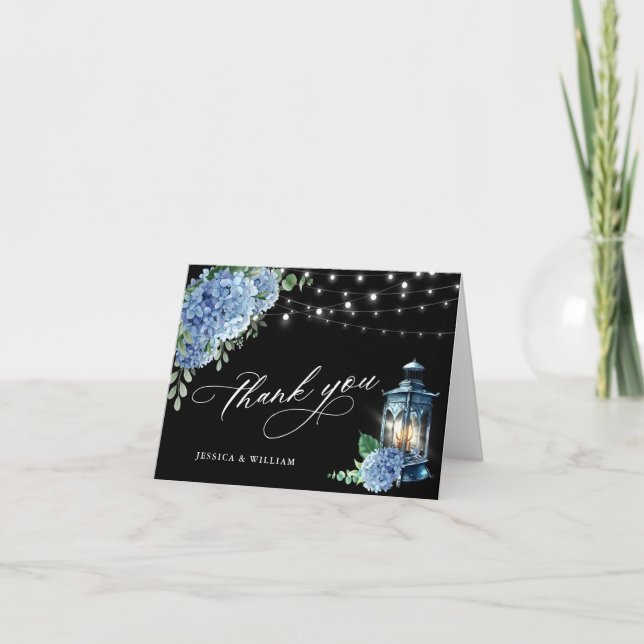 Tarjeta De Agradecimiento Blue Hydrangea Floral Lantern Black Boho Boda (Anverso)