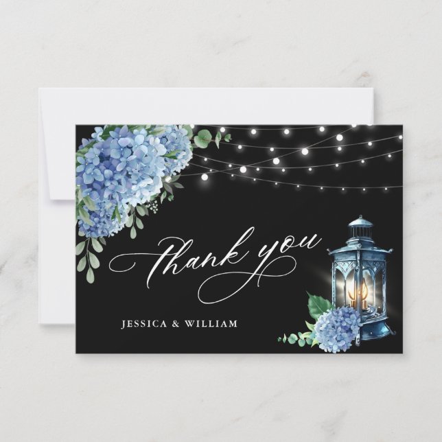 Tarjeta De Agradecimiento Blue Hydrangea Floral Lantern Black Boho Boda (Anverso)
