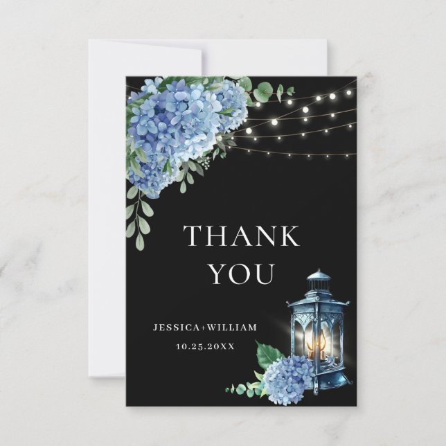 Tarjeta De Agradecimiento Blue Hydrangea Floral Lantern Black Boho Boda (Anverso)