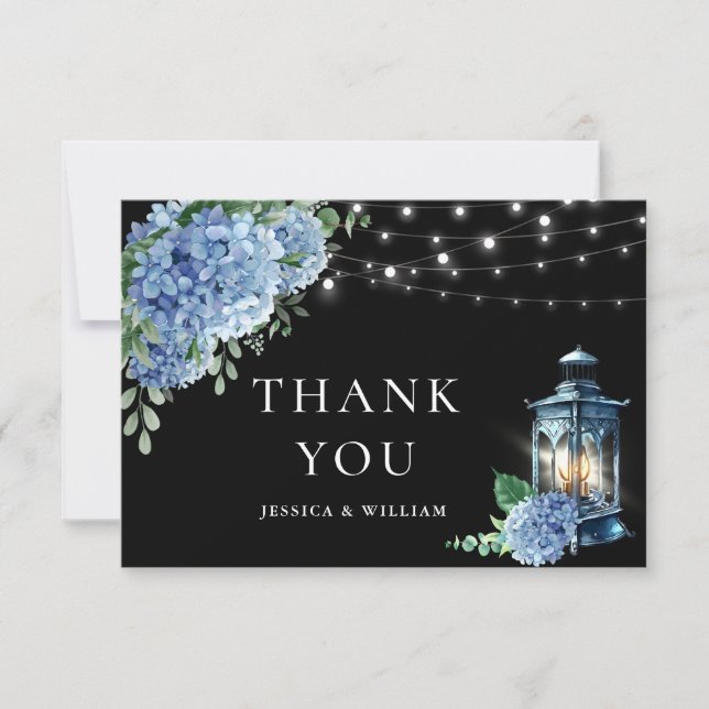 Tarjeta De Agradecimiento Blue Hydrangea Floral Lantern Black Boho Boda (Anverso)