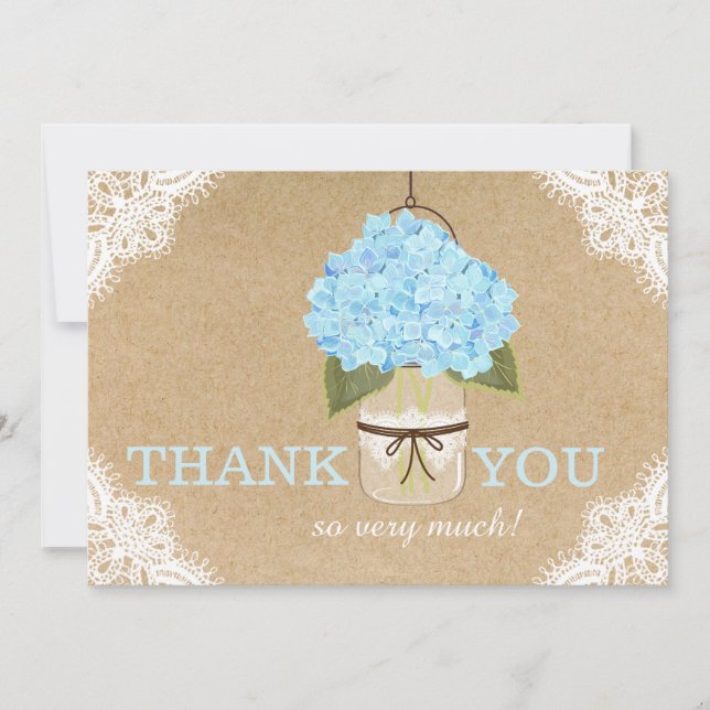 Tarjeta De Agradecimiento Blue Hydrangea Lace Kraft Rustic Modern Gracias (Anverso)