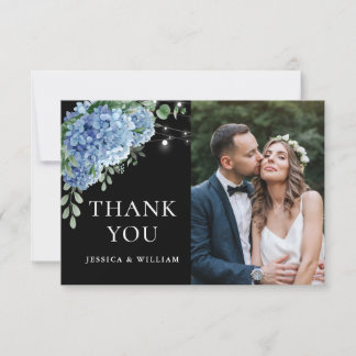 Tarjeta De Agradecimiento Blue Hydrangea Lantern Black Boho Photo Boda