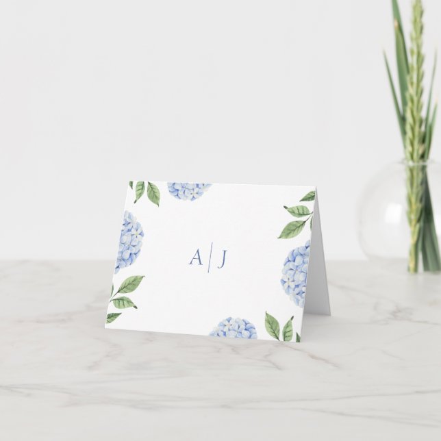 Tarjeta De Agradecimiento Blue Hydrangea Monogramed Boda (Anverso)
