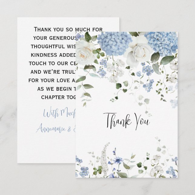 Tarjeta De Agradecimiento Blue Hydrangea White Roses Boda Gracias (Anverso / Reverso)